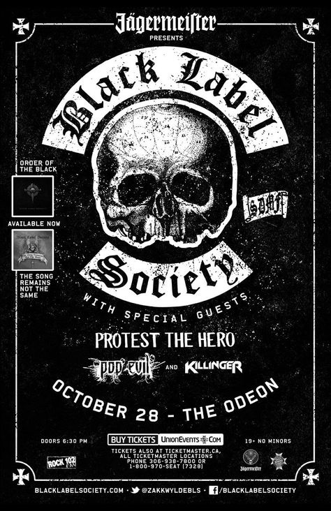 Society Poster, Music Poster Art, Live Nation, Black Label Society, Zakk Wylde, Music Pics, Southern Rock, Tour Posters, Rock Posters