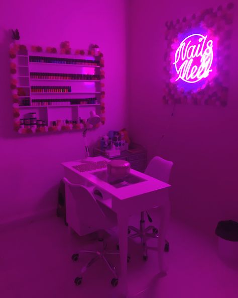 Nail Room Neon Sign, Rich Off Nails Sign, Purple Nail Room, Rich Off Nails, Nail Rooms, Nail Room Ideas Home, Nail Tech Station At Home, Nail Technician Room, Business Room