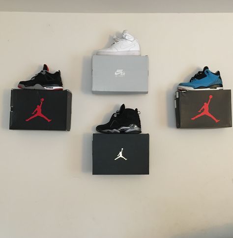 Room decoration/shoe storage for a sneakerhead's room. Jordan Shoe Boxes On Wall Display, Jordans Boxes On Wall, Shoe Storage Ideas With Boxes, Shoe Wall With Boxes, Shoe On Wall With Boxes, Shoe Box On Wall Display, Floating Shoe Box, Jordan Boxes On Wall, Shoe Box Wall Decor