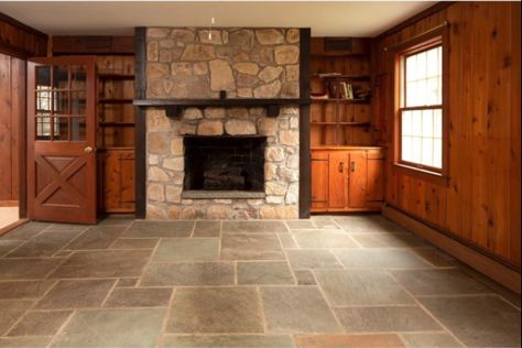 stone fireplace, wood paneling, slate floor den living room, New Hope, PA shown decorated on ifitweremine.blogspot.com Slate Flooring Living Room, Cabin Stone Floor, Knotty Pine Living Room, Log Cabin Makeover, Big House Kitchen, Den Remodel, Cabin Makeover, Knotty Pine Walls, New Hope Pennsylvania