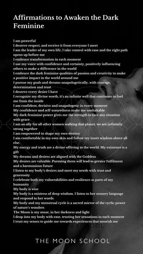 100 Dark Feminine Energy Affirmations to Activate Your Inner Siren Dark Feminine Energy Background, What Is Dark Feminine, Dark Feminine Energy Lilith, Light Vs Dark Feminine Aesthetic, Dark Feminine Ideas, Affirmations For Dark Feminine Energy, Becoming Dark Feminine, Daily Affirmations Dark Feminine, Dark Feminine Morning Routine