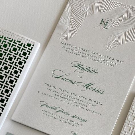 Tropical Glam Wedding Invitations, Isle Of Palms Wedding, Cabo Wedding Invitations, Palm Tree Wedding Invite, Palm Tree Wedding Invitations, Embossed Invitations, Blind Emboss, Embossed Wedding Invitations, Palm Wedding