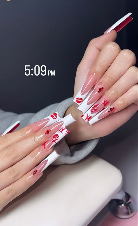 Long Valentine’s Day Nails, Valentines Nail Set Long, Valentines Nail Set With Initial, Long Valentines Day Nails Acrylic, Valentine Set Nails, Valentines Day Nails Coffin Shape, Valentines Long Nails, Valentine Acrylics, Xxl Valentines Day Nails