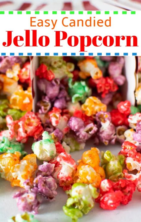 Jello Flavored Popcorn Recipes, Popcorn Candy Bar Ideas, Diy Flavored Popcorn, Flavor Popcorn Recipes Easy, Koolaid Popcorn, Homemade Flavored Popcorn, Candied Food, Jello Popcorn Recipe, Popcorn With Candy