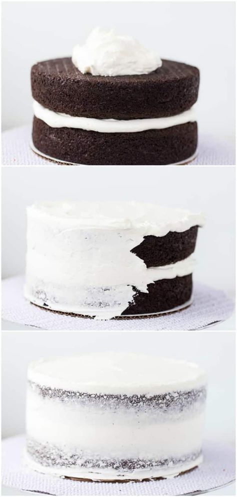 A step-by-step tutorial with pictures on how to frost a layered cake. I walk you through the basic steps in frosting a layered cake and provide the tools you will need. Vanilla Bean Frosting, Double Layer Cake, Two Layer Cakes, Frosting Techniques, Cake Frosting Recipe, Smooth Cake, Wedding Cake Recipe, Gateaux Cake, Layered Cake