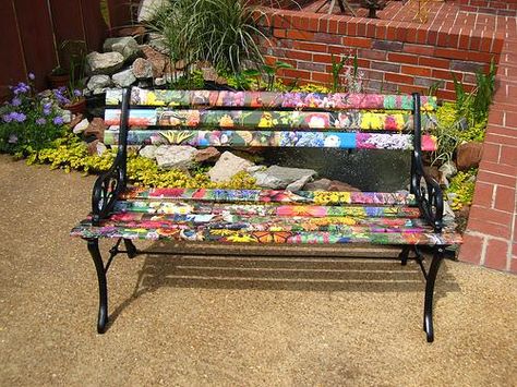 painted yard bench | Unique Wooden Bench Decorating Ideas to Personalize Yard Landscaping ... Bench Decorating Ideas, Yard Benches, Cast Iron Bench, Painted Benches, Window Seat Design, Wooden Garden Benches, Bench Decor, Painted Chairs, Wooden Bench