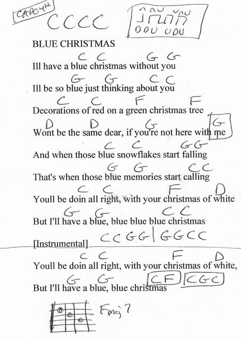 Blue Christmas (Elvis) Guitar Chord Chart (Capo 4th) Elvis Blue Christmas, Christmas Guitar Chords, Christmas Ukulele Songs, Christmas Chords, Christmas Ukulele, Elvis Guitar, Christmas Guitar, Thrifting Ideas, Chords Guitar