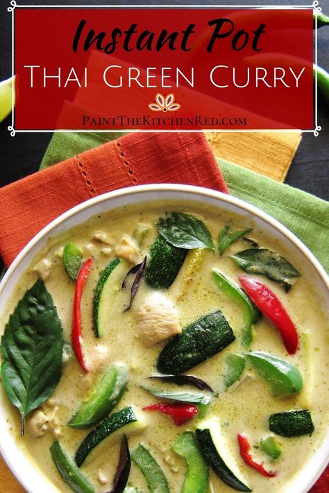 Instant Pot Thai Green Curry is a creamy coconut chicken curry with the flavors of green chilies, Thai Basil, lime, coriander, and cumin. This spicy curry will rival your favorite Thai takeout green curry, but is so easy that it can be ready in less than 30 minutes. Easily substitute tofu and omit fish sauce to make it vegetarian. Serve it with Instant Pot Jasmine Rice for an amazing flavor combination! Thai Takeout, Instant Pot Thai, Creamy Coconut Curry, Green Curry Recipes, Thai Green Curry, Best Instant Pot Recipe, Thai Basil, Green Curry, Easy Instant Pot Recipes