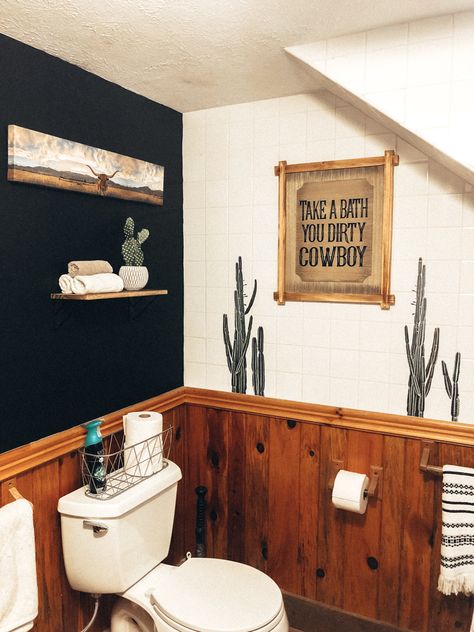 Love how my southwest/cowboy themed bathroom turned out! Arizona Bathroom Ideas, Small Bathroom Western Decor, Western Cowboy Bathroom Ideas, Cowboy Theme Bathroom, Western Kids Bathroom, Western Home Style, Cowboy Bathroom Ideas, Western Trailer Decor, Desert Bathroom Ideas