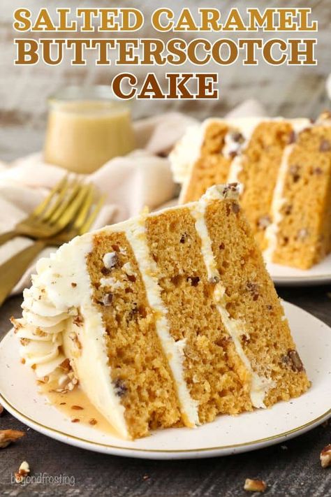 This salted caramel butterscotch cake has three decadent cake layers covered with creamy brown butter frosting and salted caramel sauce. #butterscotch #cake #saltedcaramel Vanilla Salted Caramel Cake, Butterscotch Pound Cake, Christmas Box Cake Ideas, Old Fashioned Caramel Cake, Creative Christmas Desserts, Cake Recipes Using Box Cake Mixes, Rich Butter Cake Recipe, Best Cake Recipe, Butterbeer Cake