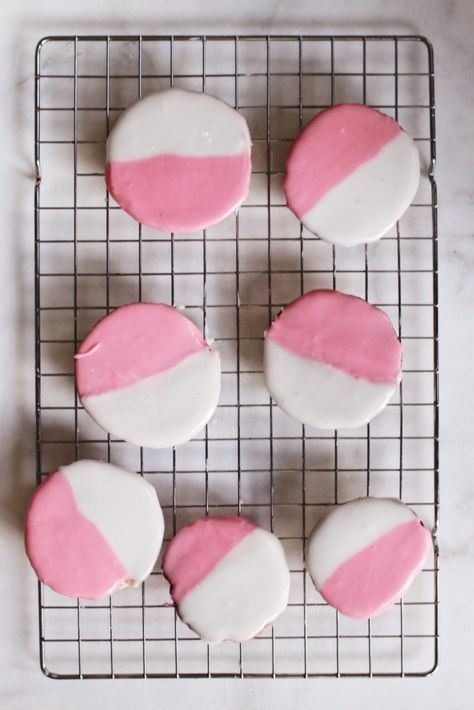 New York City-Style Pink & White Cookies | Rebekah Lowin Cookie Base Recipe, White Cookies, Black And White Cookies, White Cookie, Holiday Party Foods, Pink Icing, Waxing Poetic, White Icing, Pink Foods