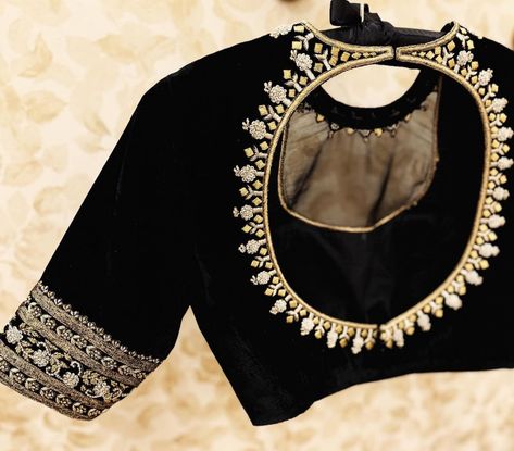 Raw Silk Blouse Designs, Simple Zardosi Work, Simple Zardosi Work Blouses, Blouse Designs Embroidery, Simple Saree Blouse Designs, Zardosi Work Blouse, Black Blouse Designs, Raw Silk Blouse, Saree Blouse Styles