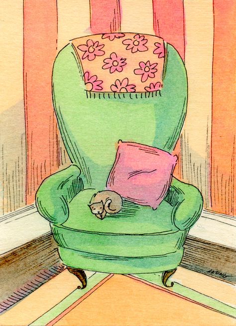 Nicole Wong Illustrations - PainterNik on Etsy <3 Fall Outside, Cat Art Illustration, Painting Green, Interior Illustration, Illustrator Artist, Cat Artwork, Art Chair, Green Chair, Cat Paws