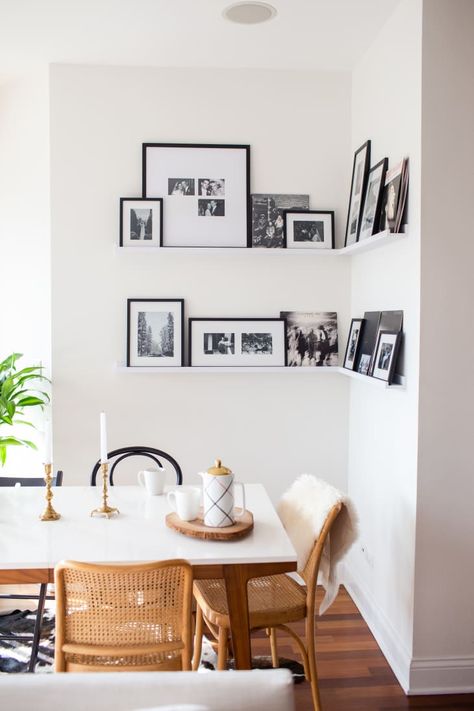 Fun Stylish Photo Displays | Apartment Therapy Diy Dining Nook, Corner Decorating Ideas, Corner Gallery Wall, Photo Ledge, Photo Shelf, Diy Dining, Picture Shelves, Picture Ledge, Building Furniture