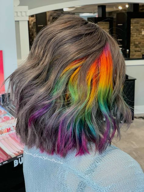 Unicorn Peekaboo Hair, Prism Highlights, Brown Hair Colours, Hidden Rainbow Hair, Hidden Hair Color, Peekaboo Hair Colors, Colored Hair Tips, Peekaboo Hair, Cute Hair Colors