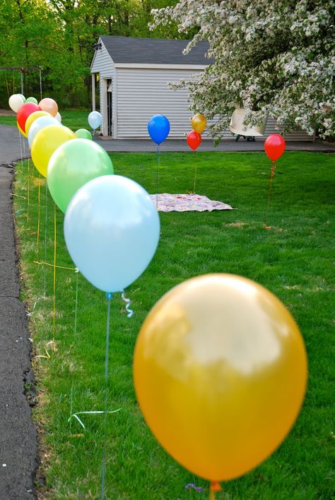 Super cute way to define the picnic area, get red balloons, or red and white polkadot.  Golf tees to stick in yard. Park Food Ideas, Birthday Party At The Park, Party At The Park, Picnic Birthday Party, Birthday Picnic, Trolls Birthday Party, Park Birthday, Troll Party, Fiesta Tropical