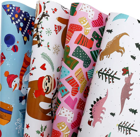 Christmas Wrapping Paper for Kids Boys Girls Baby Women Men - 12 Sheets Xmas Gift Wrap 4 Cartoon Designs Dinosaur, Sloths, Snowmen, Socks - Folded Flat, 20 Inch X 29 Inch Per Sheet #ad #christmas #wrappingpaper #sloth #dinosaurs #stocking #christmastree Kids Christmas Wrapping Paper, Sloth Socks, Xmas Wrapping Paper, Xmas Gift Wrap, Cartoon Designs, Christmas Wrapping Paper, Gift Wrapping Paper, Christmas Wrapping, Glossy Paper