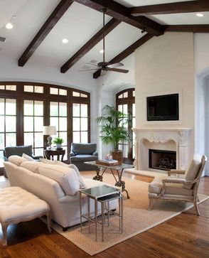 Dark exposed wood beams with white walls and wood floors - Liked @ www.homescapes-sd.com #beamedceiling Dark Beams, Living Room Remodel Ideas, Beams Living Room, Vaulted Ceiling Living Room, Room Remodel, Living Room Ceiling, Traditional Living, Living Room Remodel, Traditional Living Room