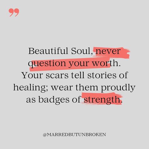 Remember darling, you are not defined by your scars. Embrace your inherent value without doubt. You are so beautiful loved. Follow @marredbutunbroken for a journey with warrior women who defy adversity, standing fierce and unbreakable. #beautifulsoul #embraceyourworth #selflovereminder #marredbutunbroken #supportivecommunity #embracingrecovery #womenempowerment #breakingthestigma #selfloveinrecovery #mindbodyhealing #healingjourney #lifejourney #personalgrowth #innerstrength #inspiration #... Scars Quotes Deep, You Are So Beautiful, Battle Scars, Spirit Quotes, Warrior Women, Quotes Affirmations, January 10, The Zone, Quotes For Women