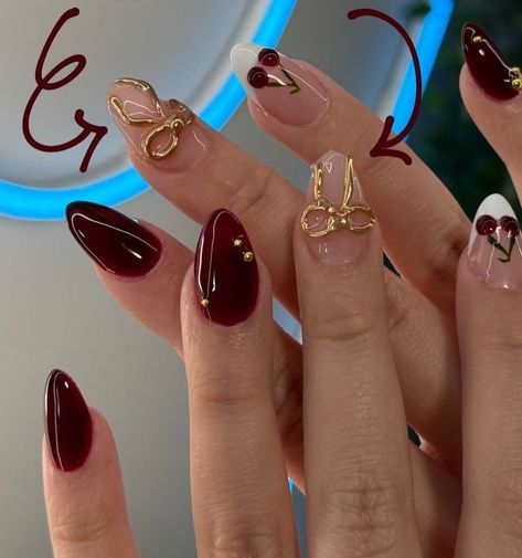 December Aesthetic Nails, Simple Fall French Tip Nails, Red And Gold Nails Simple, Coquette Fall Nails, Nail Art Designs Fall 2024, Red Nails Inspo 2024, Red Gold Nail Art, Red And Gold Gel Nails, December 2024 Nails