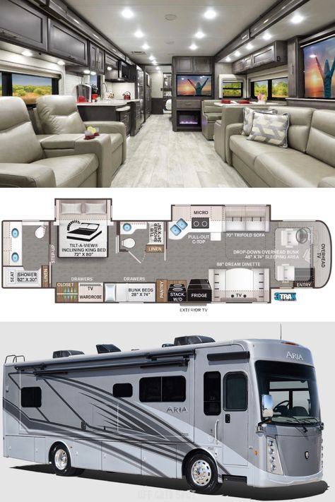 This RV is designed to ensure the whole family has fun exploring the world. It features beautifully handcrafted interiors and fully equipped kitchens. Behind the cockpit, you’ll find luxury furniture and extra sleeping space. Additionally, owners can use the bathroom on the master suite, while guests can use the second bathroom across the bunk bed. You also get a vanity with plenty of counter space and extra storage for linens. Luxurious Rv Interior, Interior Rv Ideas, Cool Rvs Rv Interior, Big Rv Luxury Rv, Family Rv Layout, Luxury Rv Living Motorhome, Big Cars For Family, Luxury Rv Interior, Big Family Car