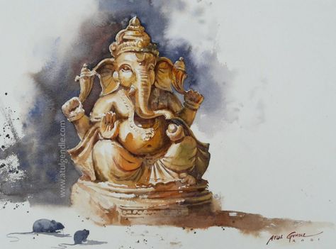 Ganpati Bappa Painting, Bappa Painting, Composition Painting, Basic Drawing, Stone Statues, Art Painting Gallery, Ganpati Bappa, Watercolor Landscape Paintings, Painting Watercolor