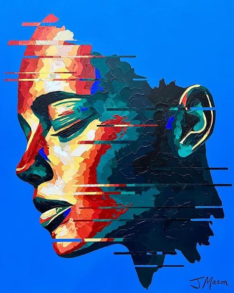 Glitch Effect Painting, Glitch Painting, Glitch Portrait, Red Profile, Jack Mason, Glitch Effect, Palette Knife Art, Impasto Painting, Gcse Art