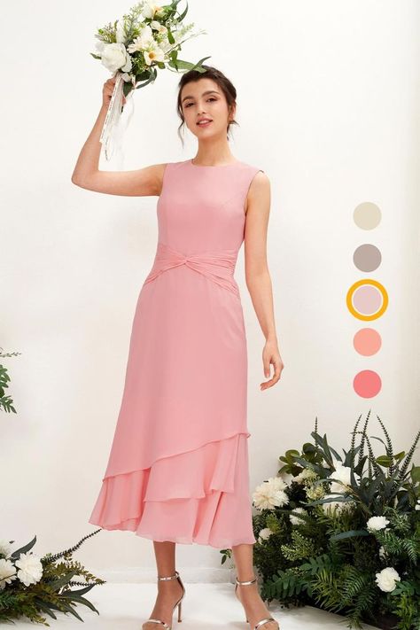 Wedding chic, but make it modest. Mermaid/Trumpet Round Sleeveless Chiffon Bridesmaid Dresses. Perfect modest dress for bridesmaids or mother of the bride. Shop eDressit sustainable bridesmaid dresses in 42 colors and sizes 0-32. Free customization. All dresses are $109. Shop now at eDressit.com. Style: Mermaid/Trumpet Neckline: Round Length: Tea Length Embellishment: Pleated Fabric: Chiffon Sleeve: Sleeveless Mermaid Features, Bridesmaid Squad, Midi Gowns, Midi Bridesmaid Dress, Evening Gala, Rosa Coral, Rose Bridesmaid Dresses, Pink Bridesmaid Dress, Elegant Midi Dresses