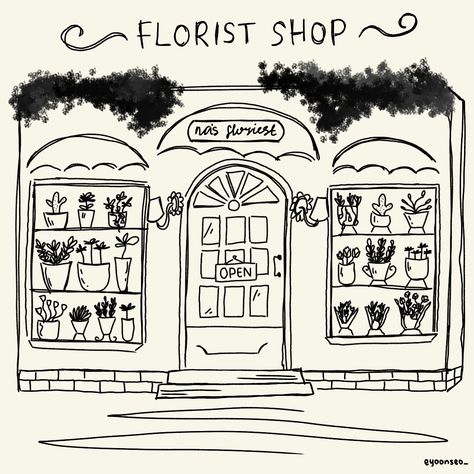 florist shop, coret coret, ibispaintx Flower Shop Doodle, Florist Shop Drawing, Flower Shop Sketch, Florist Drawing, Flower Shop Drawing, Whimsical Art Journal, Graphic Design Cards, Diy Journal Books, House Sketch