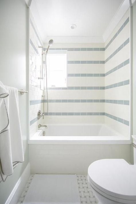 Stripes in the Shower | Centsational Girl | Bloglovin’ All White Bathroom, Walk In Shower Designs, Cottage Bathroom, Boys Bathroom, Bathroom Refresh, Family Bathroom, Bathroom Kids, Shower Stall, House Bathroom