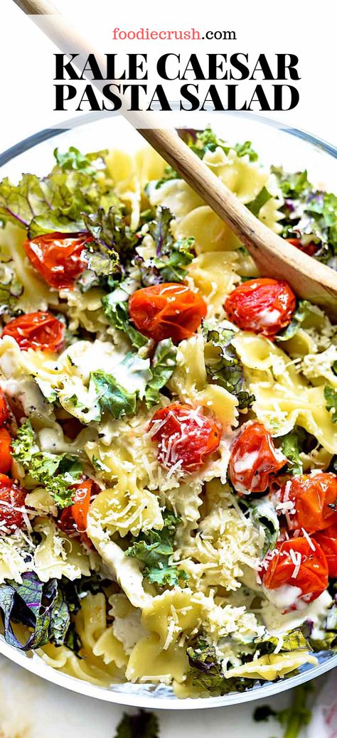 Easy Healthy Vegetarian Recipes, Potluck Pasta Salad, Kale Pasta Salad, Healthy Potluck, Caesar Pasta Salad, Salad Kale, Kale Caesar, Caesar Pasta, Kale Pasta