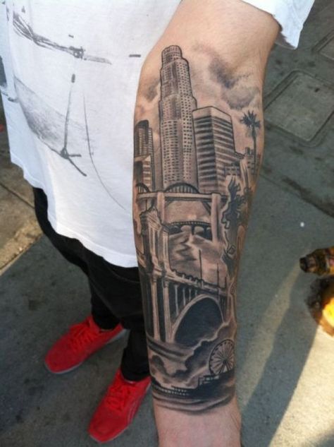 35 of the Best Architecture Tattoos or How To Have Your World on a Sleeve - KickAss Things Los Angeles Buildings, La Ink Tattoos, Building Tattoo, Skyline Tattoo, Unique Tattoos For Men, La Tattoo, Explore Tattoo, Men Tattoos, City Tattoo