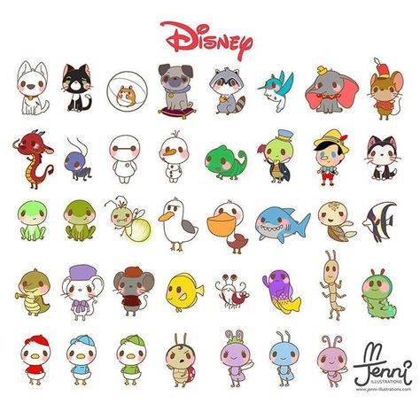 Finished Chibi Disney Part.2 ❤ (62➡100!!!!) I finally drew 100 Disney Characters! Haha.  Reward myself with Chocolates haha  #disney #chibidisney #disneylover #disneyfan #disneybolt #dumbo #bugslife #pochahontas #mulan #frogprincess #findingnemo #pinocchio #baymax #olaf #kawaiilife #kawaiiartist #jennilustrations #jenniillustrations Disney Characters Easy, Chibi Disney, Disney Doodles, Disney Cuties, Character Stickers, Disney Characters Wallpaper, Kawaii Disney, Drawing Hands, 디즈니 캐릭터