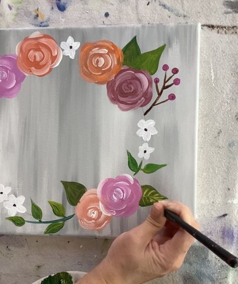 How To Paint A Floral Wreath Step By Step Floral Painting, Circle Flower Painting, Painting Florals Acrylic, Paint Flowers Tutorial, How To Paint Easy Flowers, How To Paint Flowers Easy, Easy Painted Flowers, How To Paint Flowers Acrylic, Floral Wreath Painting