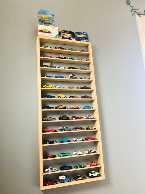 Hot Wheel Organizer, Diy Hot Wheels Display Shelves, Shelf For Hot Wheels Cars, Hot Wheels Organization, Hot Wheel Collection Wall, Hotwheels Storage Wooden, Model Car Display Shelf Kids Rooms, Small Bedroom Makeover, Hot Wheels Display Case