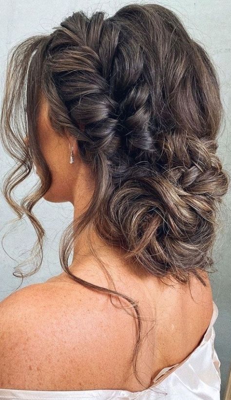 Braided Updo For Bridesmaid, Hair Updos For One Shoulder Dress, Easy Wedding Updos For Medium Hair, Boho Updo Hairstyles, Homecoming Updo, Prom Updos For Medium Hair, Homecoming Updos, Fancy Updos, Boho Updo