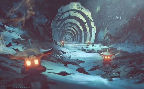 Oni Temple on Behance Sacred Well, Scenery Pictures, Landscape Artwork, Animation Background, Environment Design, 2d Art, Environment Concept Art, Environmental Art, Sci Fi Art