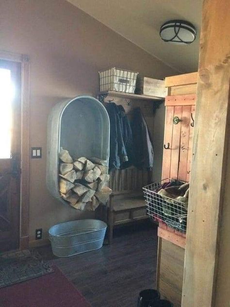 Galvanized Water Tank, Firewood Storage Indoor, Minimalist Fireplace, Galvanized Tub, Diy Tv Stand, Fireplace Set, Firewood Rack, Firewood Storage, Wood Rack