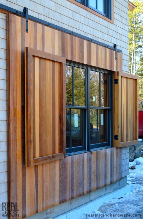 Sliding window shutter on a barn. Contemporary Shutters, Shutters Indoor, Barn Door Shutters, Indoor Shutters, Window Shutters Exterior, Exterior Barn Doors, Outdoor Shutters, Rustic Shutters, Cedar Shutters