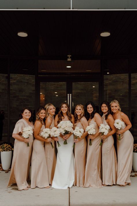 Champagne Bouquet Bridesmaid, Deep Champagne Bridesmaid Dresses, Champaign Bridesmaids Dress, Champagne Bridal Party Attire, Blush And Champagne Wedding Decorations, Spring Champagne Wedding, Mismatched Bridesmaid Dresses Champagne, Black White Champagne Wedding Color Schemes, Wedding Colour Schemes Champagne