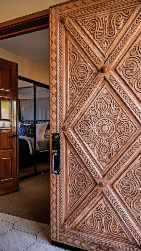 Carved Wood Front Door, Wood Cnc Design, Unique Door Design, Old California, Modern Interior Door, Carved Door, Modern Fence Design, Front Door Design Wood, Halloween Front Doors