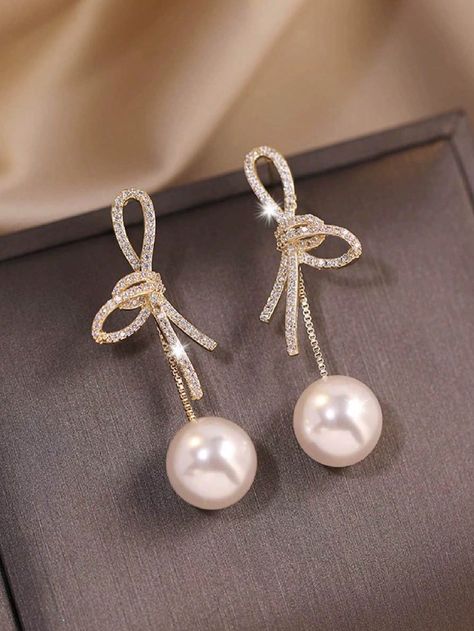 1 Pair Of Bowknot Pearl Earrings With French Design Sense, Luxury Rhinestones, Suitable For Women To Wear In Daily Or Bride Wedding Occasions. Yellow Gold    Zinc Alloy  Drop Earrings   Women Fashion Jewelry, size features are:Bust: ,Length: ,Sleeve Length: Dream Elopement, Earrings For Bride, Diamond Bracelet Design, Pearl Earrings Wedding, Bride Earrings, Gold Collar, Earrings Women, Watches Women Fashion, Bride Jewellery