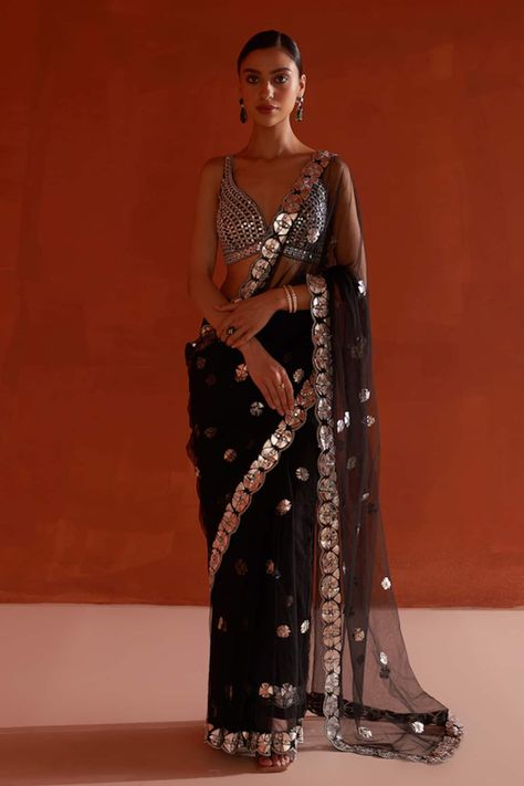 Buy Black Georgette Potters Touch Border Half Saree With Unstitched Blouse Piece For Women by Masaba Online at Aza Fashions. Black Net Saree, Mirror Work Saree, Leather Applique, Silver Blouse, Saree And Blouse, Zari Embroidery, Modern Saree, Padded Blouse, Desi Fashion Casual