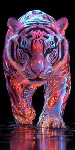 ↑↑↑ Larger size on website 🔸 A tiger rendered in a shimmering, iridescent metallic finish walks across a glossy surface. The tige Glowing Blue Eyes, Neon Animals, Lion Live Wallpaper, Cats Family, Doom Eternal, Tiger Wallpaper, Phone Wallpaper Pink, Animal Print Wallpaper, Cat Family