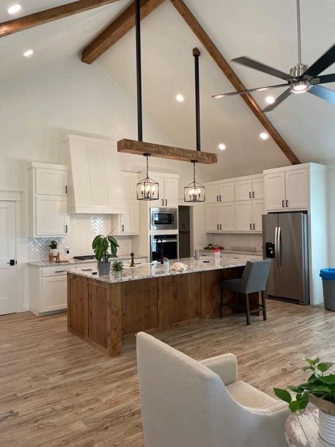 Kitchen Vaulted Ceiling Cabinets, Vaulted Ceiling Kitchen And Living Room, Range Hood Vaulted Ceiling, Vaulted Kitchen Ceiling, Kitchen Cathedral Ceiling, Open Concept Vaulted Ceiling, Cathedral Ceiling Kitchen, Vaulted Kitchen, Hangar House