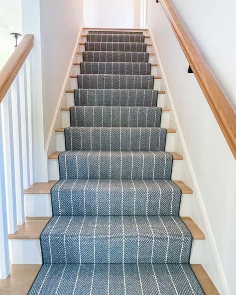 The Carpet Workroom on Instagram: "The deep blue herringbone pattern on this bold & vibrant stair runner is a match made in heaven for this coastal Rhode Island Home 🌊😍 . . . #homedecor #interiordesign #interiordecor #stairrunner #runnerrug #flooringinspo" Stair Runner Blue, Roger Oates Stair Runner Inspiration, Blue Herringbone Stair Runner, Stark Carpet Stair Runner, `stair Runners That Go With Area Rugs, A Match Made In Heaven, Match Made In Heaven, Stair Runner, Island Home