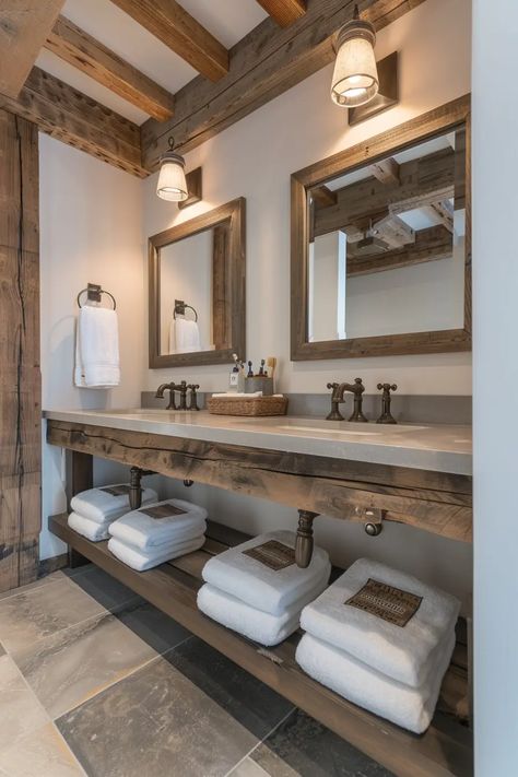 Charming Farmhouse Bathroom Inspiration: Transform Your Space Today. | VIVA His And Her Sinks Master Baths Farmhouse, Rustic Master Bath Vanity, Modern Bathroom Farmhouse, Contemporary Rustic Bathroom, Mountain Home Bathroom Ideas, Country Modern Bathroom, Contemporary Farmhouse Bathroom, Farmhouse Washroom, Farm Style Bathroom