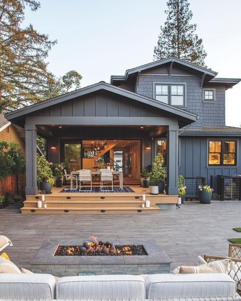 Dark Exterior Color Trend: Why We Love It - Studio McGee Painted Shingle House Exterior, Back Porch Designs, Board And Batten Exterior, Craftsman Homes, Concrete Patios, Building A Porch, Casas Coloniales, Modern Landscape, Backyard Inspiration