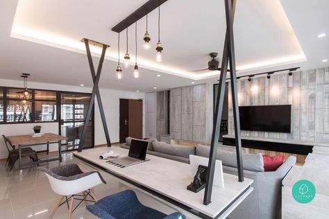 12 Must-See Ideas For Your 4-Room / 5-Room HDB Renovation | Article | Qanvast | Home Design, Renovation, Remodelling & Furnishing Ideas Home Gym Room, Gym Room Ideas, Suspended Table, Hdb Renovation, False Ceiling Living Room, Gym Room At Home, Interior Design Singapore, Gym Room, 아파트 인테리어