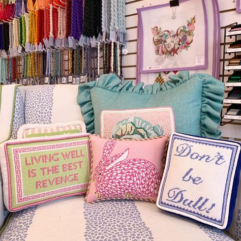 Lycette Needlepoint on Instagram: “Herend, sassy sayings and needlepoint...oh my! 💜” Needlepoint Pillow Finishing Ideas, Needle Point Ideas, Needlepoint Finishing Ideas, Preppy Needlepoint, Needle Point Pillow, Needlepoint Navy, Lycette Needlepoint, Kaffe Fassett Needlepoint, Needlepoint Coasters